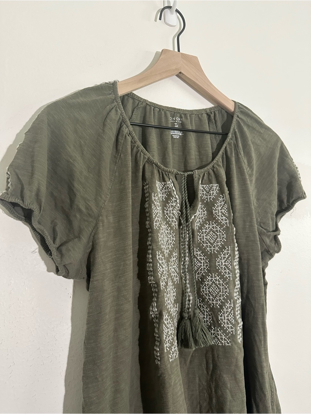 Sonoma - Olive Green Embroidered Peasant Top with Tassel Tie